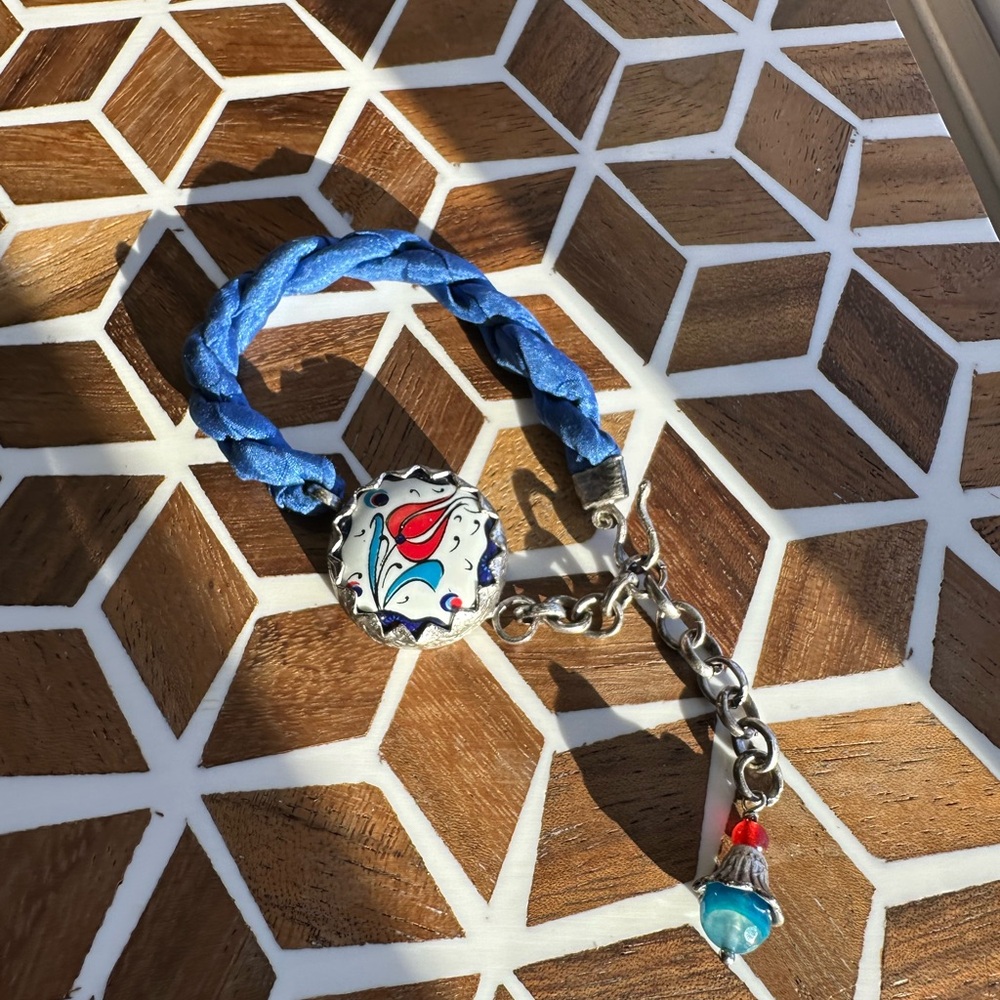Blue Turkish Twisted Silk Bracelet with Silver Tulip Charm